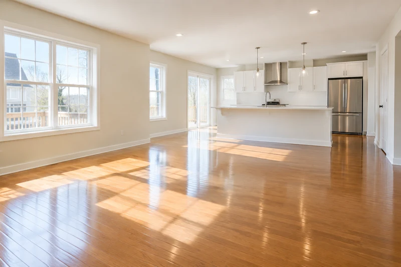 An empty, freshly cleaned townhome living room and kitchen with gleaming wood floors and sunlight through clean windows