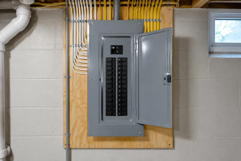 A new breaker panel with its door open, the white and yellow cables dressed in straight runs on a plywood backboard