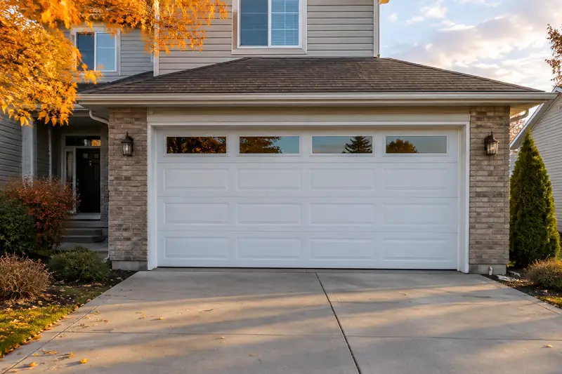 A new white double garage door with a row of windows on a brick and siding home, in late afternoon autumn light