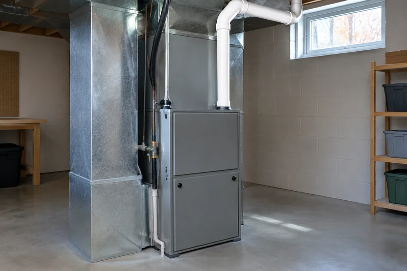 A new gray furnace with fresh galvanized ductwork and a white vent pipe in a tidy lower-level utility room