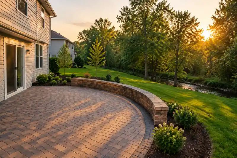A new paver patio with a curved stone seat wall behind a suburban home, the lawn sloping down to a creek at golden hour