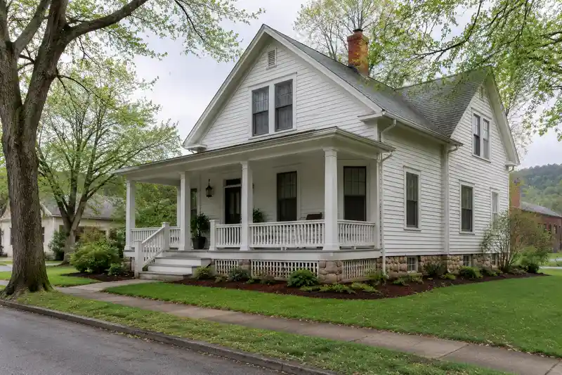 A white clapboard house with a deep front porch on a tree-lined street in early spring