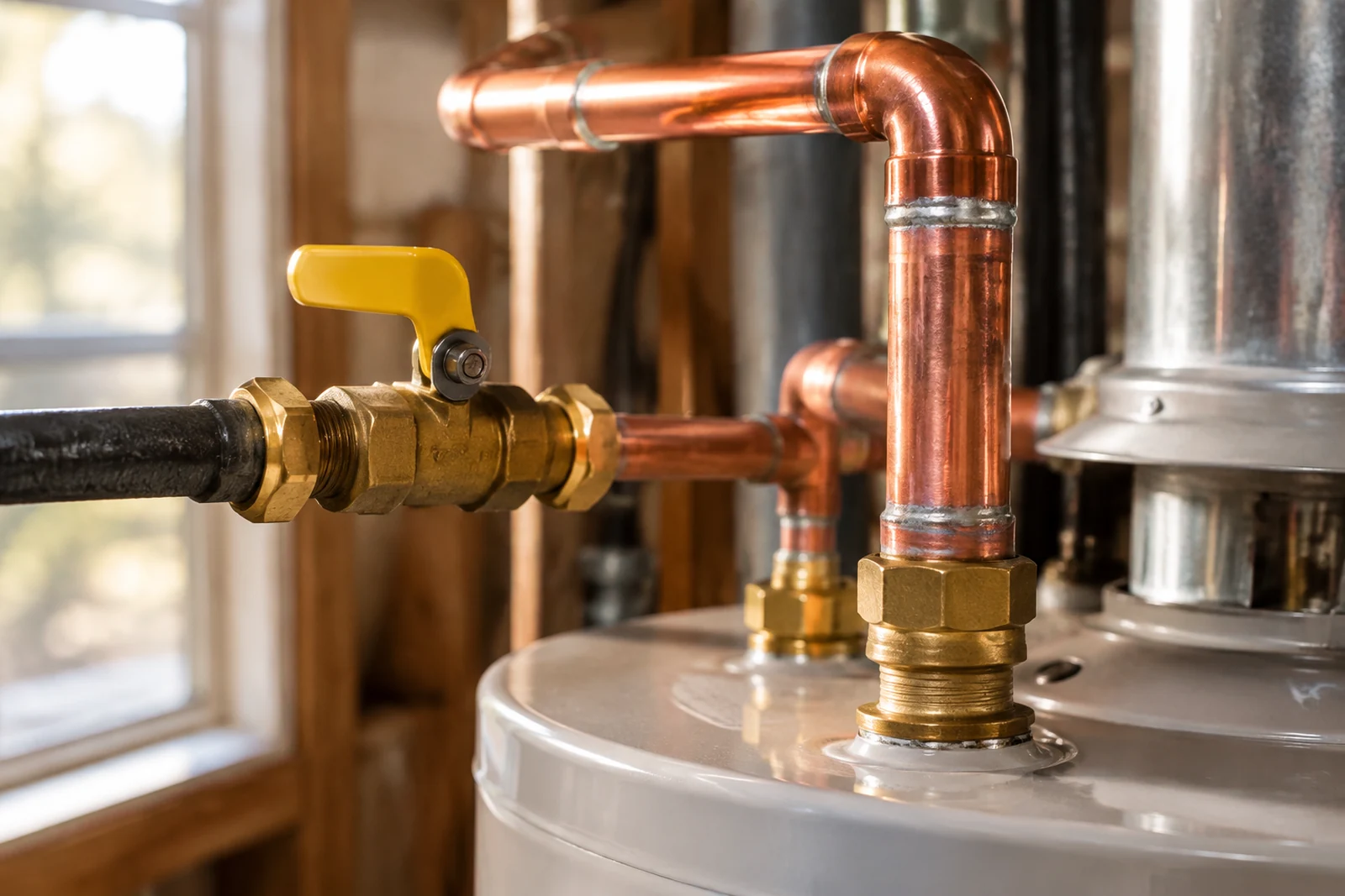 New soldered copper pipe and a brass shutoff valve on a water heater connection