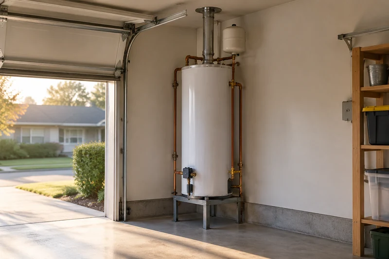 A new gas water heater on a stand in the attached garage of a ranch house, with new copper lines, an expansion tank and the garage door half open