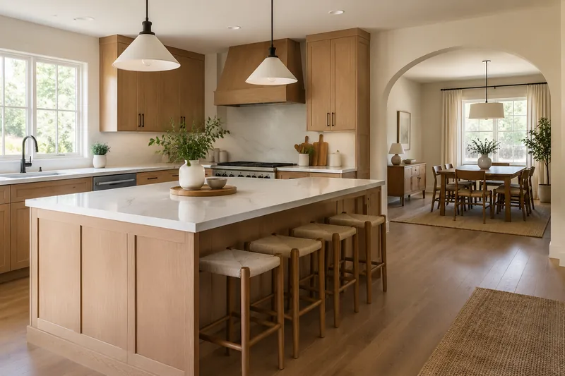 A remodeled open kitchen with white oak cabinets, a white quartz island and an arch through to the dining room
