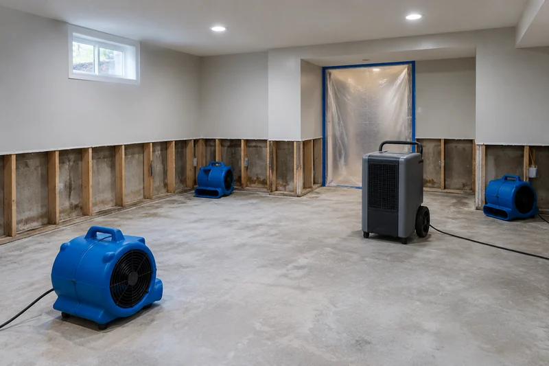 A basement being dried after a flood, the drywall cut 2 feet above the slab, with air movers, a dehumidifier and a plastic containment sheet