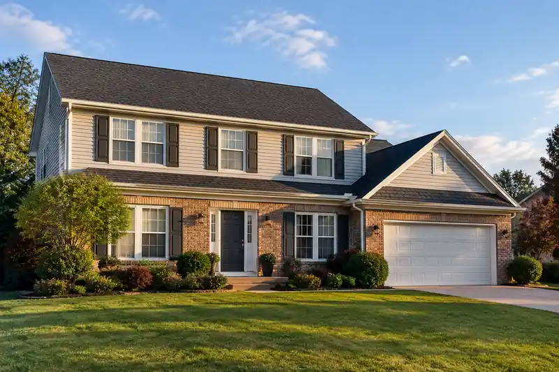A two-story brick and siding house with a new charcoal shingle roof in late afternoon light