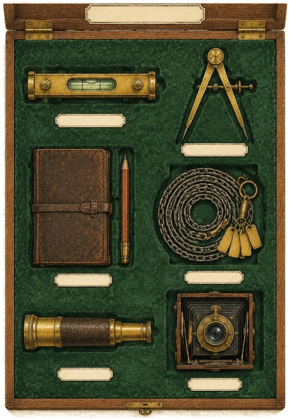 An open surveyor's instrument case lined in green velvet, holding a spirit level, a drawing compass, a field book and pencil, a measuring chain with tally tags, a spyglass and a folding camera, each in its own recess.